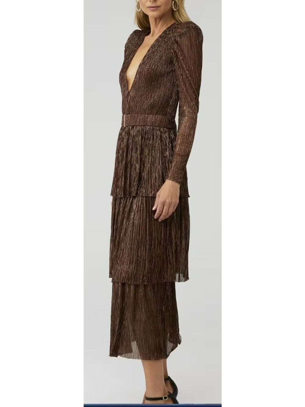 Sabina Musayev Carry Pleated Puff Sleeve Bronze Metallic Midi Tiered Dress - Picture 2 of 8